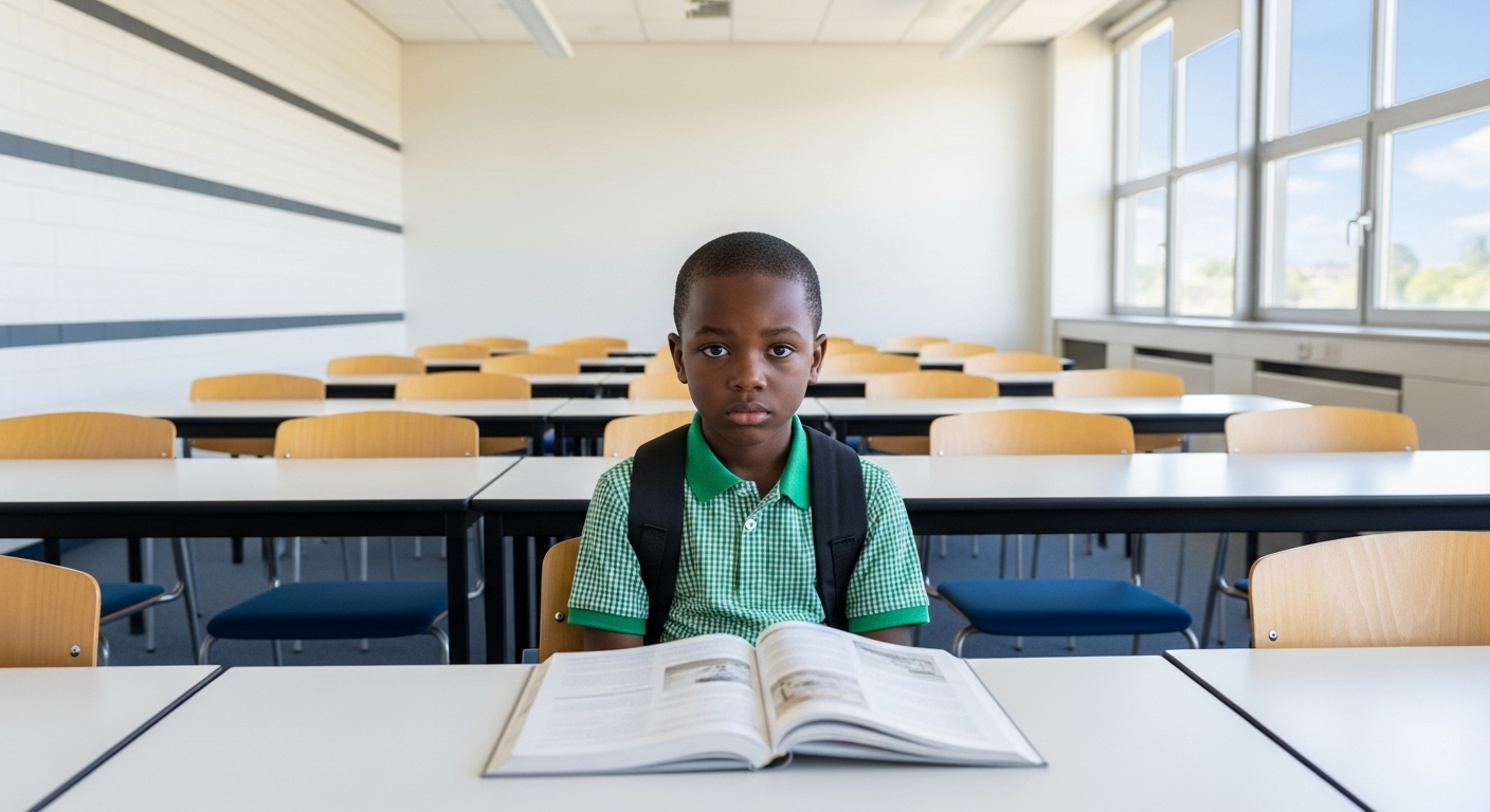 A Liberian student alone with a textbook, looking confused